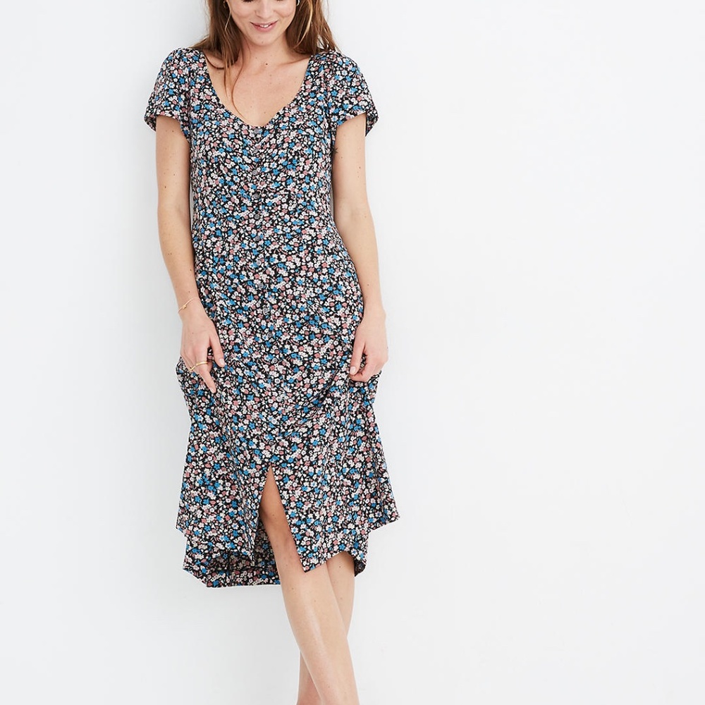 MADEWELL SPRING PRAIRIE PUFF SLEEVE BUTTON FRONT MIDI DRESS